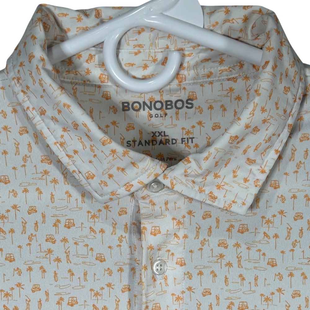 Bonobos Golf Shirt 2XL Standard Fit White Orange Golfers Trees Golf Cart Print